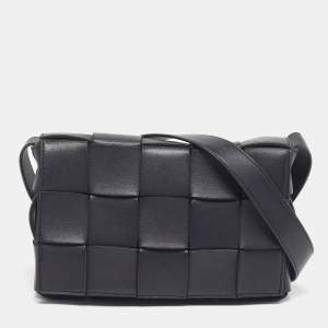 Pre Owned Bottega Veneta Cassette Medium Black Intrecciato Leather Shoulder Bag