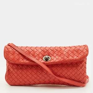 Pre Owned Bottega Veneta Intrecciato Peach Orange Leather Flap Shoulder Bag