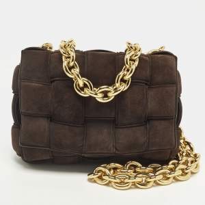 Pre Owned Bottega Veneta Cassette Chain Dark Brown Padded Suede Top Handle Bag