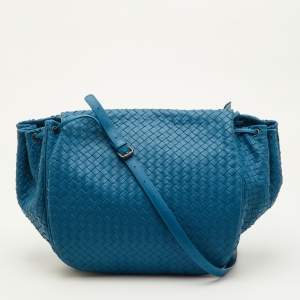 Pre Owned Bottega Veneta Tabita Drawstring Intrecciato Medium Blue Leather Flap Shoulder Bag