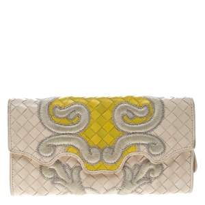 Pre Owned Bottega Veneta Light Beige Intrecciato Embroidered Leather Continental Wallet