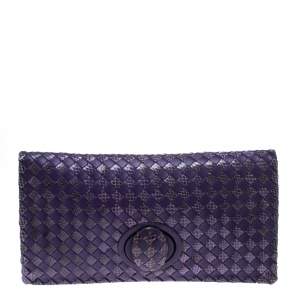 Pre Owned Bottega Veneta Purple Intrecciato Snakeskin and Leather Twist Lock Clutch