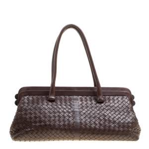 Pre Owned Bottega Veneta Brown Intrecciato Leather Frame Satchel