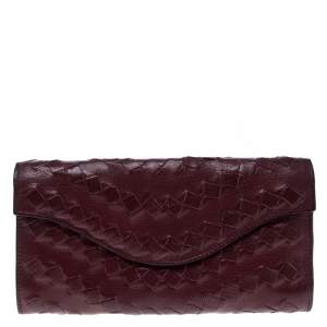 Pre Owned Bottega Veneta Maroon Intrecciato Leather Continental Wallet