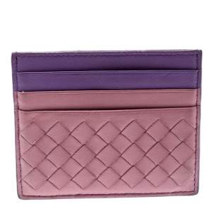 Pre Owned Bottega Veneta Pink/Purple Intrecciato Leather Card Holder