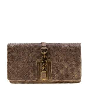 Pre Owned Bottega Veneta Dark Beige Intrecciato Lizard Settantadue Clutch