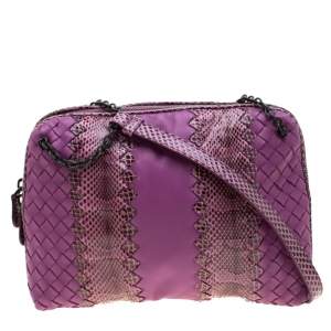Pre Owned Bottega Veneta Purple Intrecciato Leather and Snakeskin Ayers Crossbody Bag