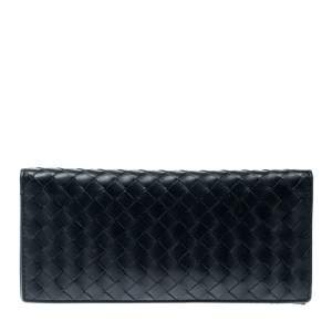 Pre Owned Bottega Veneta Blue Intrecciato Leather Long Wallet