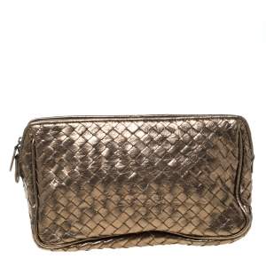 Pre Owned Bottega Veneta Metallic Bronze Intrecciato Zip Clutch