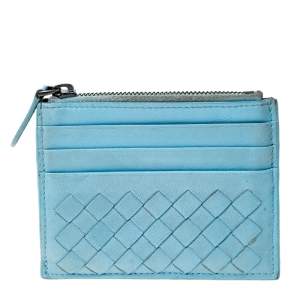 Pre Owned Bottega Veneta Light Blue Intrecciato Leather Zip Card Holder