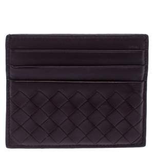 Pre Owned Bottega Veneta Burgundy Intrecciato Leather Card Holder