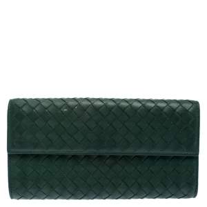 Pre Owned Bottega Veneta Green Intrecciato Leather Continental Flap Wallet