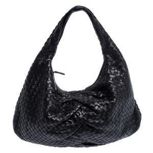 Pre Owned Bottega Veneta Black Intrecciato Leather Pleated Large Veneta Hobo 