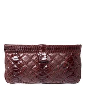 Pre Owned Bottega Veneta Red Python Quilted Large Vibio Clutch