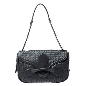 Pre Owned Bottega Veneta Dark Grey Intrecciato Leather Flap Chain Bag