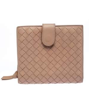 Pre Owned Bottega Veneta Beige Intrecciato Leather French Flap Wallet