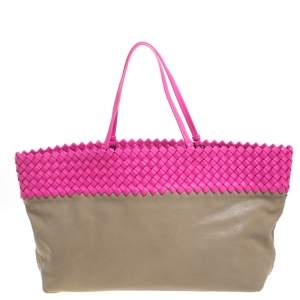مملوكة مسبقًا Bottega Veneta Pink/Beige Top Woven Leather Shopper Tote