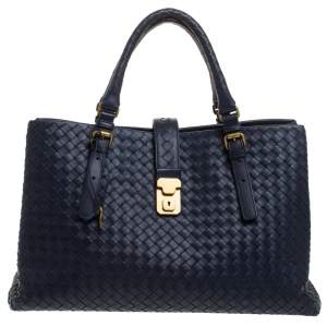 Pre Owned Bottega Veneta Navy Blue Intrecciato Leather Large Roma Tote