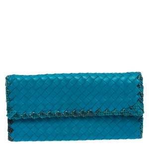 Pre Owned Bottega Veneta Blue Leather and Snakeskin Trim Flap Wallet