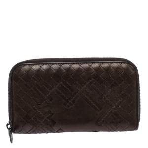 Pre Owned Bottega Veneta Dark Brown Intrecciato Trimmed Leather Wallet
