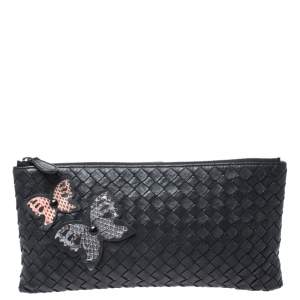 Pre Owned Bottega Veneta Black Intrecciato Leather Ayers Butterfly Clutch