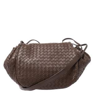 Pre Owned Bottega Veneta Brown Intrecciato Leather Drawstring Flap Crossbody Bag