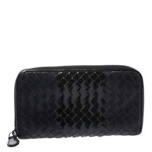 Pre Owned Bottega Veneta Black Intrecciato Leather and Patent Leather Zip Around Wallet