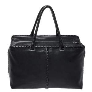 Pre Owned Bottega Veneta Black Intrecciato Trim Leather Tote
