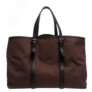 Pre Owned Bottega Veneta Dark Brown Canvas and Leather Tote