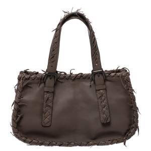 Pre Owned Bottega Veneta Taupe Intrecciato Leather Fringe Satchel