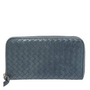 Pre Owned Bottega Veneta Blue Intrecciato Leather Zip Around Wallet