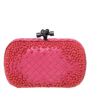 Pre Owned Bottega Veneta Pink Embroidered Woven Leather Knot Clutch 