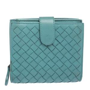 Pre Owned Bottega Veneta Turquoise Woven Leather French Wallet