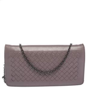 Pre Owned Bottega Veneta Pale Purple Intrecciato Leather Flap Chain Clutch