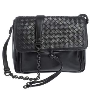 Pre Owned Bottega Veneta Black Intrecciato Leather Flap Shoulder Bag