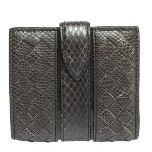 Pre Owned Bottega Veneta Green Snakeskin Flap French Wallet