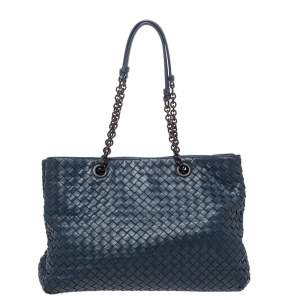 Pre Owned Bottega Veneta Blue Intrecciato Leather Medium Tote