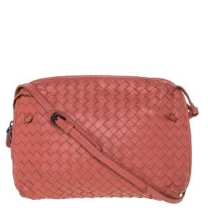 Pre Owned Bottega Veneta Pastel Red Intrecciato Leather Nodini Crossbody Bag