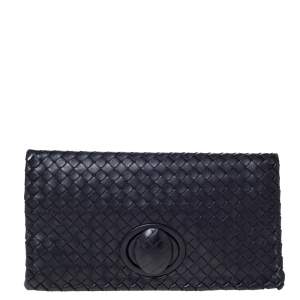 Pre Owned Bottega Veneta Dark Purple Intrecciato Leather Twist Lock Clutch