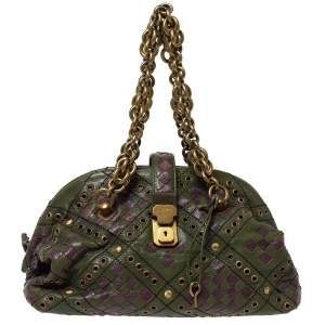 Pre Owned Bottega Veneta Green/Purple Intrecciato Woven Leather Grommet Bowler Bag