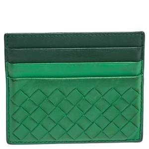Pre Owned Bottega Veneta Green Intrecciato Leather Card Holder