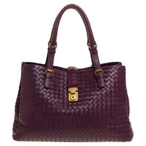 Pre Owned Bottega Veneta Plum Intrecciato Leather Large Roma Tote