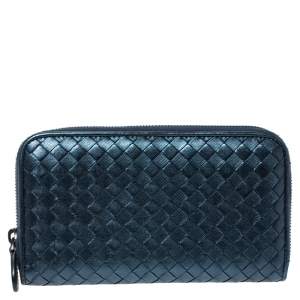 Pre Owned Bottega Veneta Metallic Blue Intrecciato Leather Zip Around Wallet