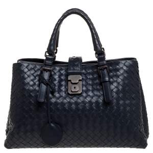 Pre Owned Bottega Veneta Blue Intrecciato Leather Small Roma Tote