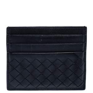 Pre Owned Bottega Veneta Black Intrecciato Leather Card Holder