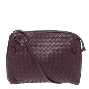 Pre Owned Bottega Veneta Burgundy Intrecciato Leather Nodini Crossbody Bag