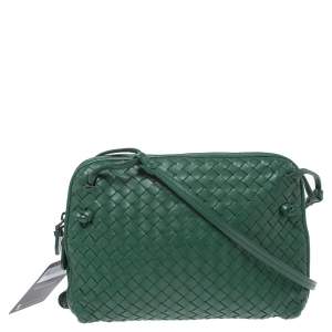 Pre Owned Bottega Veneta Green Intrecciato Leather Nodini Crossbody Bag