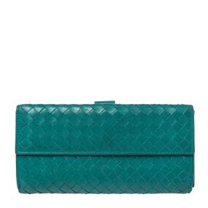 Pre Owned Bottega Veneta Green Intrecciato Leather Long Wallet