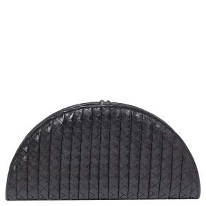 Pre Owned Bottega Veneta Black Intreciatto Leather Fan Clutch
