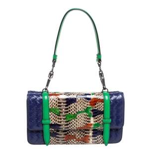 Pre Owned Bottega Veneta Multicolor Intrecciato Leather and Python Double Side Flap Baguette Bag